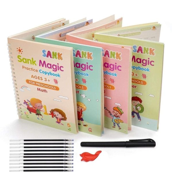 Sank Magic Practice Copybook, (4 BOOK +1 PEN + 10 REFILL) Number Tracing Book for Preschoolers with Pen, Magic calligraphy books for kids